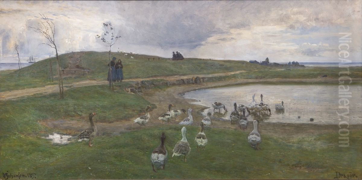 Geese by a lake. Worsening weather. Dragor Oil Painting by Viggo Johansen