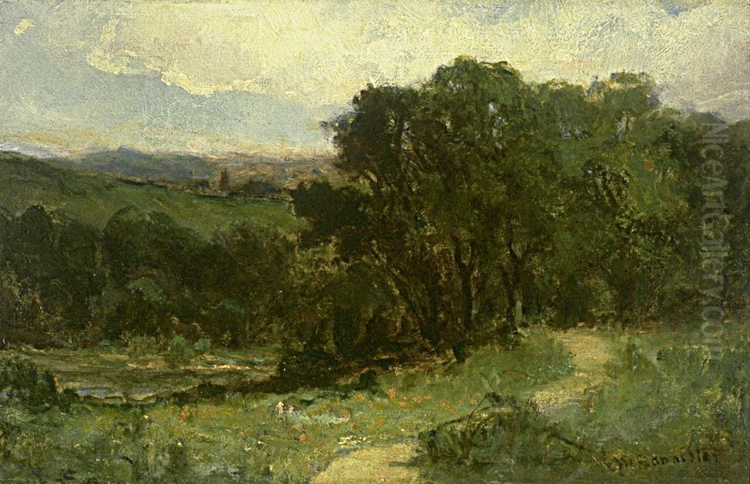 Untitled (landscape with road near stream and trees) Oil Painting by Edward Mitchell Bannister