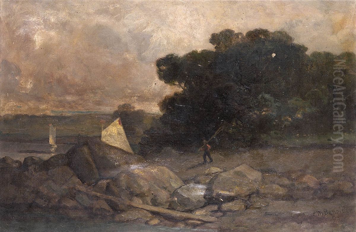 Untitled (landscape with rocks, man and sailboats) Oil Painting by Edward Mitchell Bannister