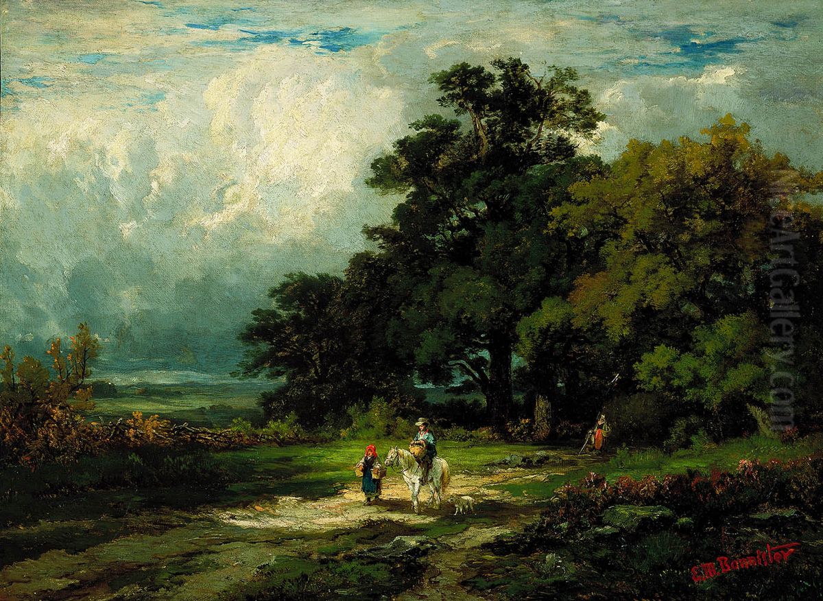 Untitled (man on horse with woman and dog) Oil Painting by Edward Mitchell Bannister