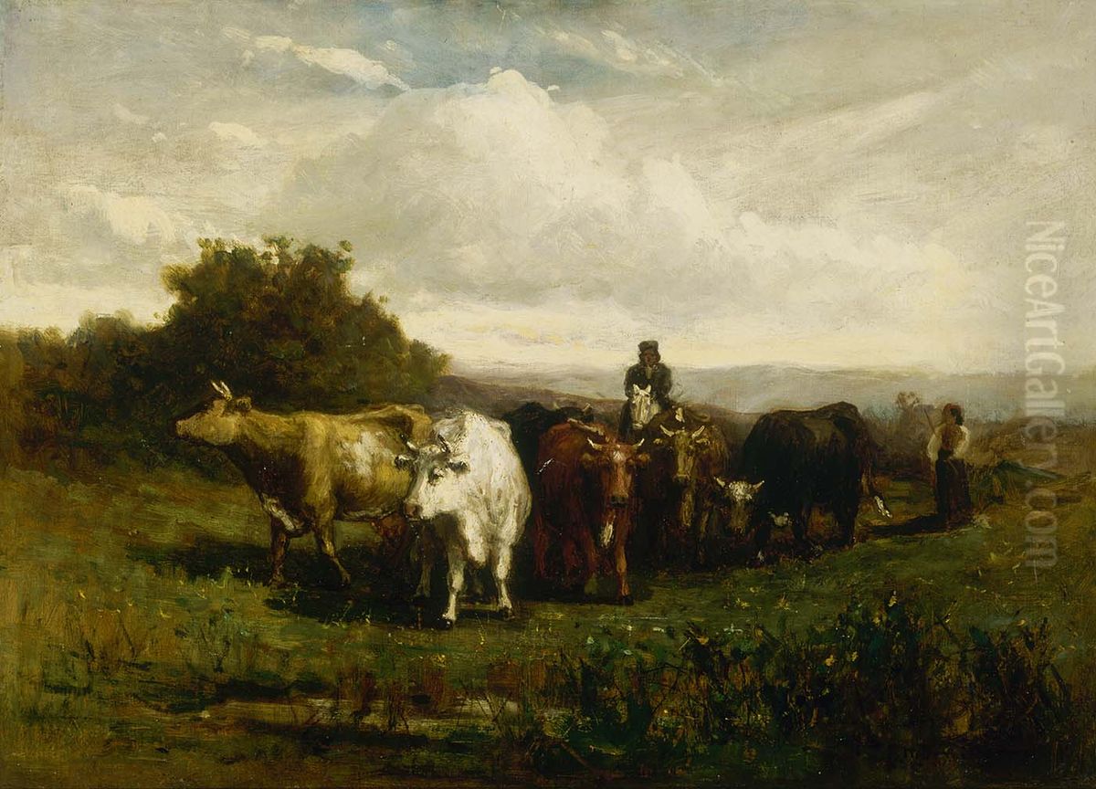 Untitled (man on horseback, woman on foot driving cattle) Oil Painting by Edward Mitchell Bannister