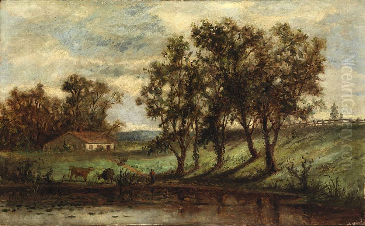 Untitled (man with cows grazing near pond with house and trees in background) Oil Painting by Edward Mitchell Bannister