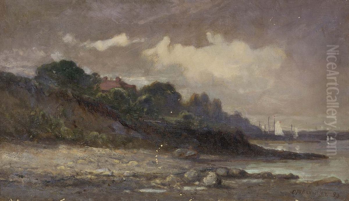 Untitled (shoreline with sailboats and roof) Oil Painting by Edward Mitchell Bannister