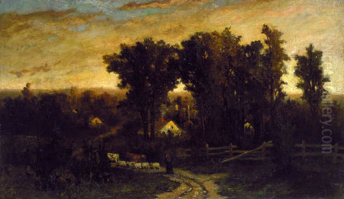 Untitled (woman with cattle and sheep at dusk) Oil Painting by Edward Mitchell Bannister
