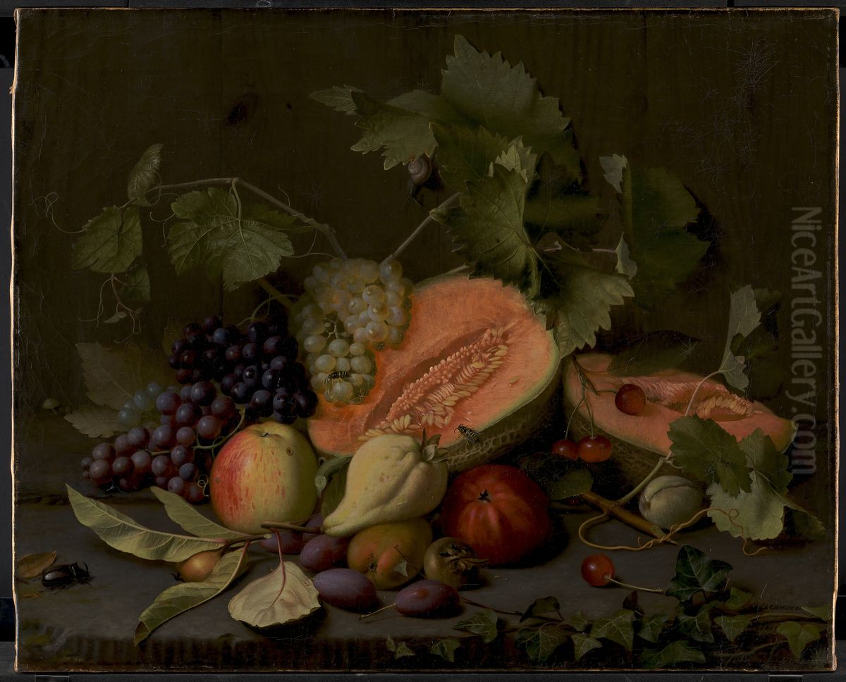 Still Life with Melons and Grapes Oil Painting by O.D. Ottesen