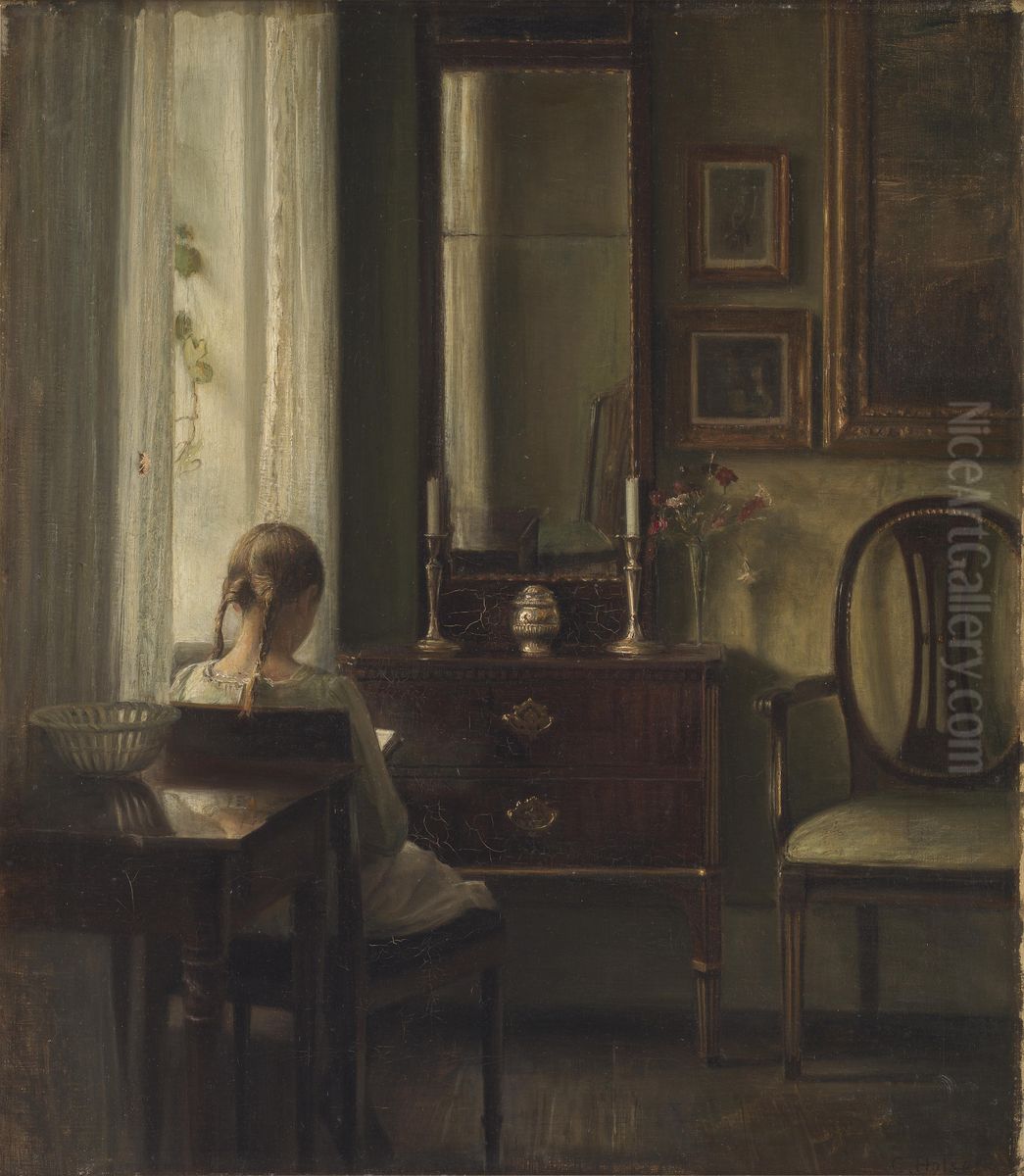 Interior with a Girl Reading Oil Painting by Carl Holsoe