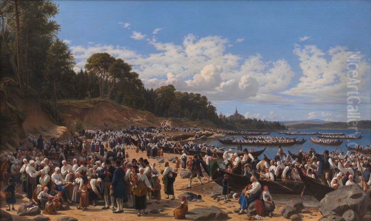 Church-Goers Arriving by Boat at the Parish Church of Leksand on Siljan Lake, Sweden Oil Painting by Wilhelm Marstrand