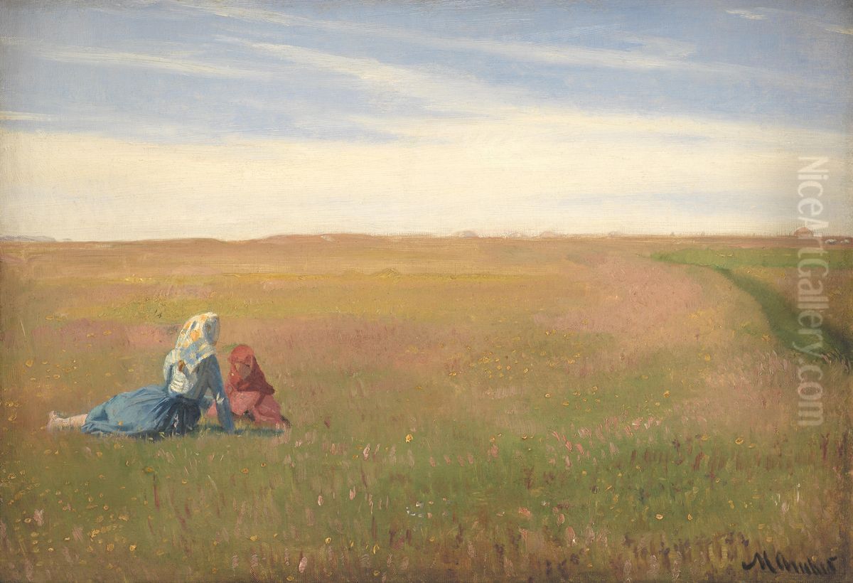 To piger pa en mark. Sommerdag Oil Painting by Michael Peter Ancher