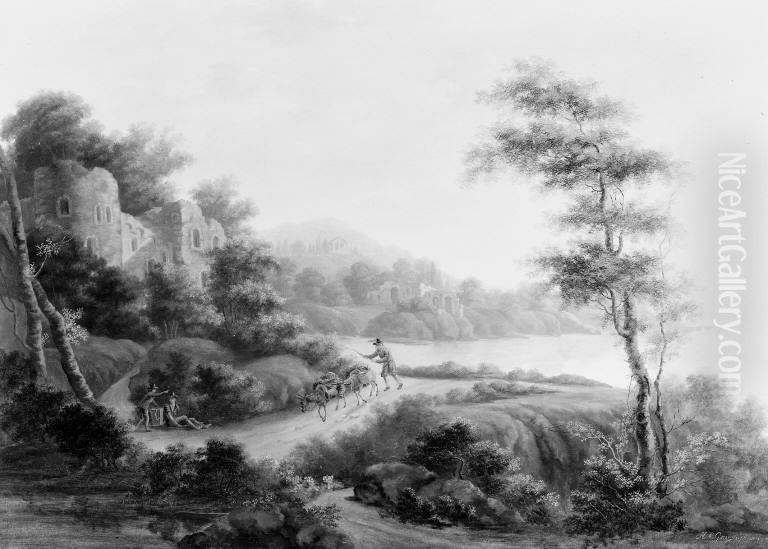 Bjerglandskab med ruiner Oil Painting by Heinrich August Grosch