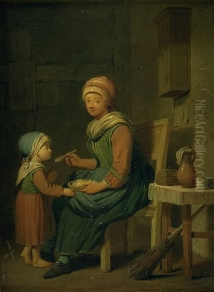 En bondekone, som giver sin datter noget at spise Oil Painting by Peter Cramer