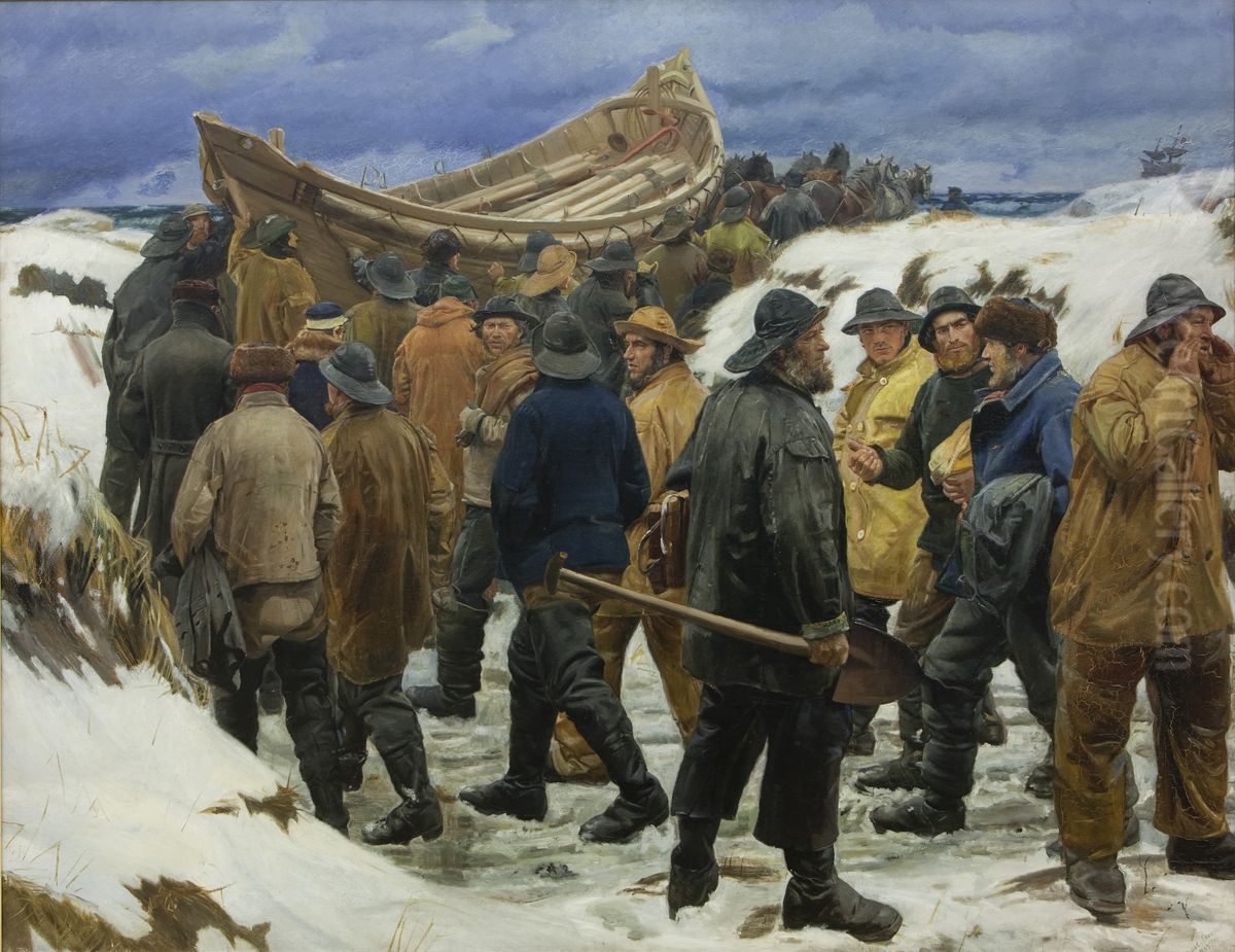 Redningsbaden kores gennem klitterne Oil Painting by Michael Peter Ancher