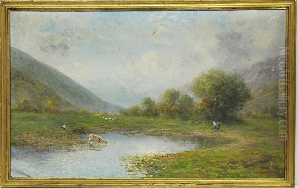Paesaggio Lacustre Con Contadini E Armenti Oil Painting by Robaldo Casalini Baldelli