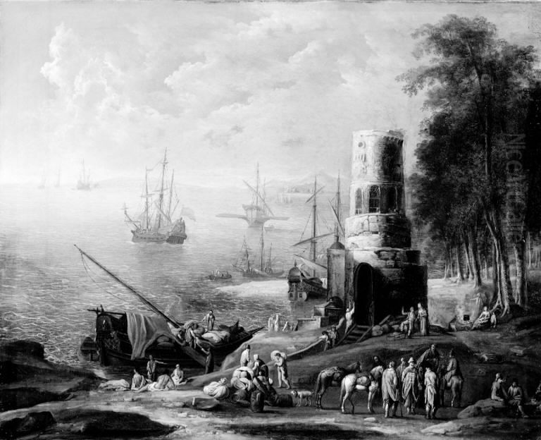 Seascape with Ships, a Forest and a Tower Oil Painting by Joseph Vernet