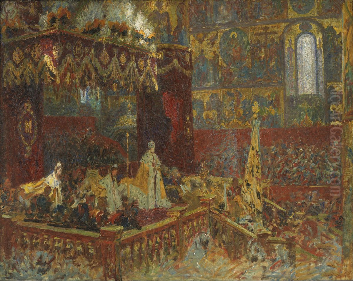 The Coronation Ceremony of Tsar Nicolai II in Moscow. Sketch Oil Painting by Laurits Tuxen
