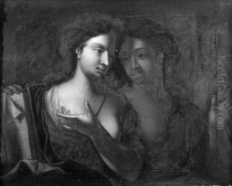 Tvende fruentimmer, hvoraf den forreste holder en bog i sin hand Oil Painting by Jacques d'Agar