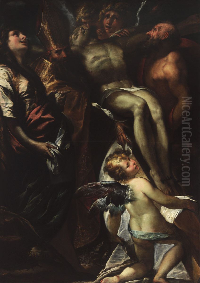 The Lowering of the Cross with Sts Mary Magdalene, Augustine, Jerome and Angels Oil Painting by Giulio Cesare Procaccini