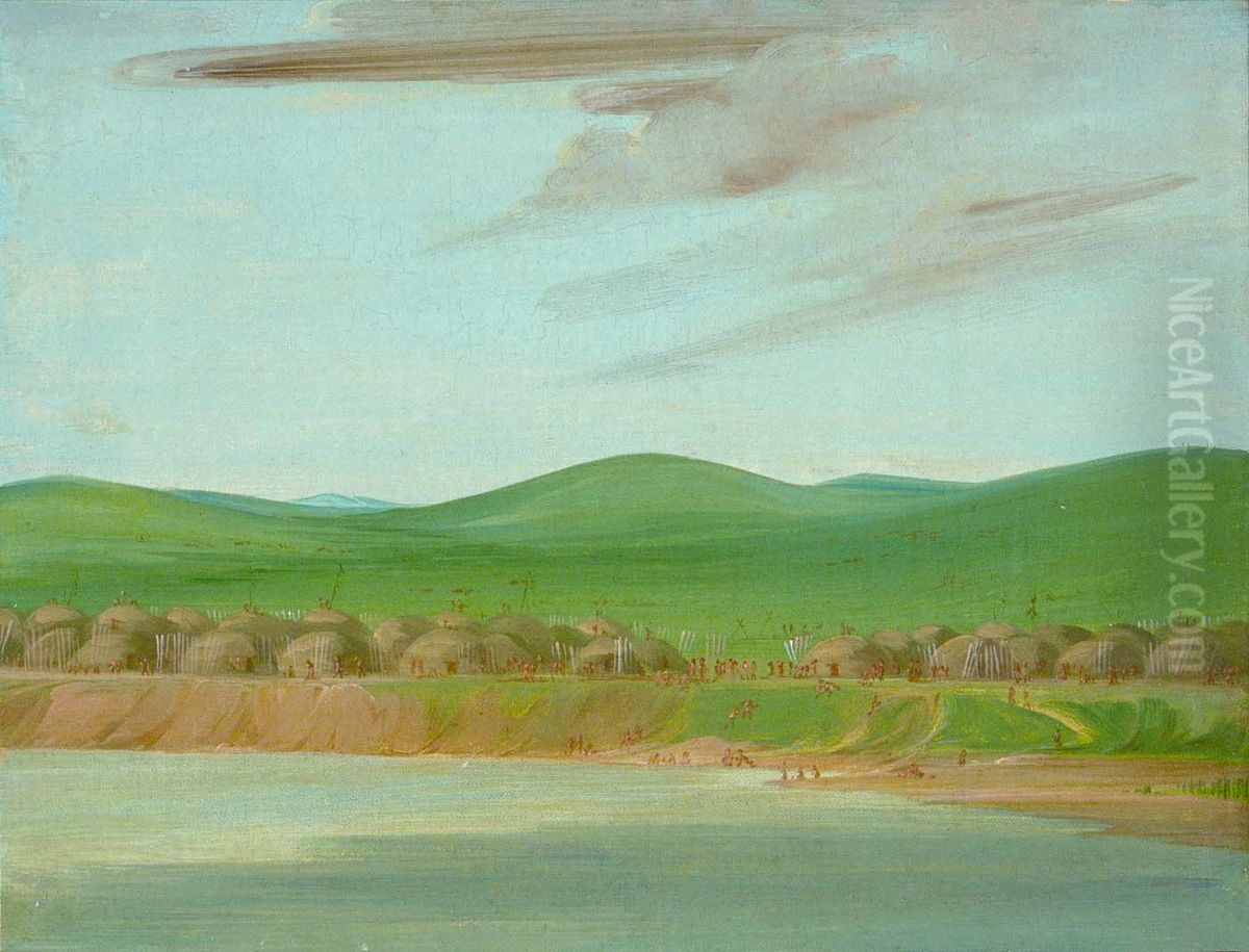 Arikara Village of Earth-Covered lodges, 1600 Miles above St. Louis Oil Painting by George Catlin