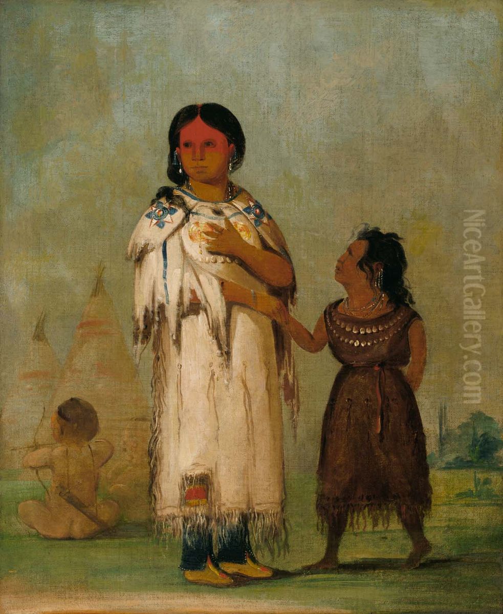 Assiniboin Woman and Child Oil Painting by George Catlin