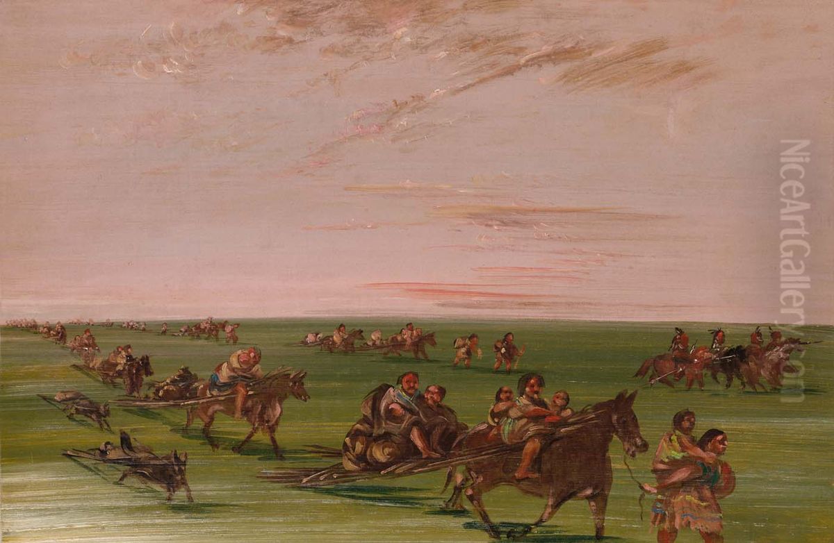 Band of Sioux Moving Camp Oil Painting by George Catlin