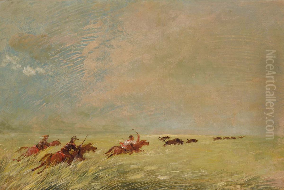 Bogard, Batiste, and I Chasing Buffalo in High Grass on a Missouri Bottom Oil Painting by George Catlin