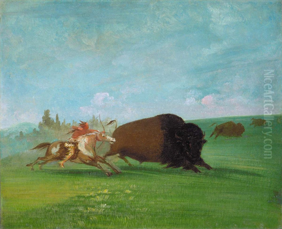 Buffalo Chase, a Single Death Oil Painting by George Catlin