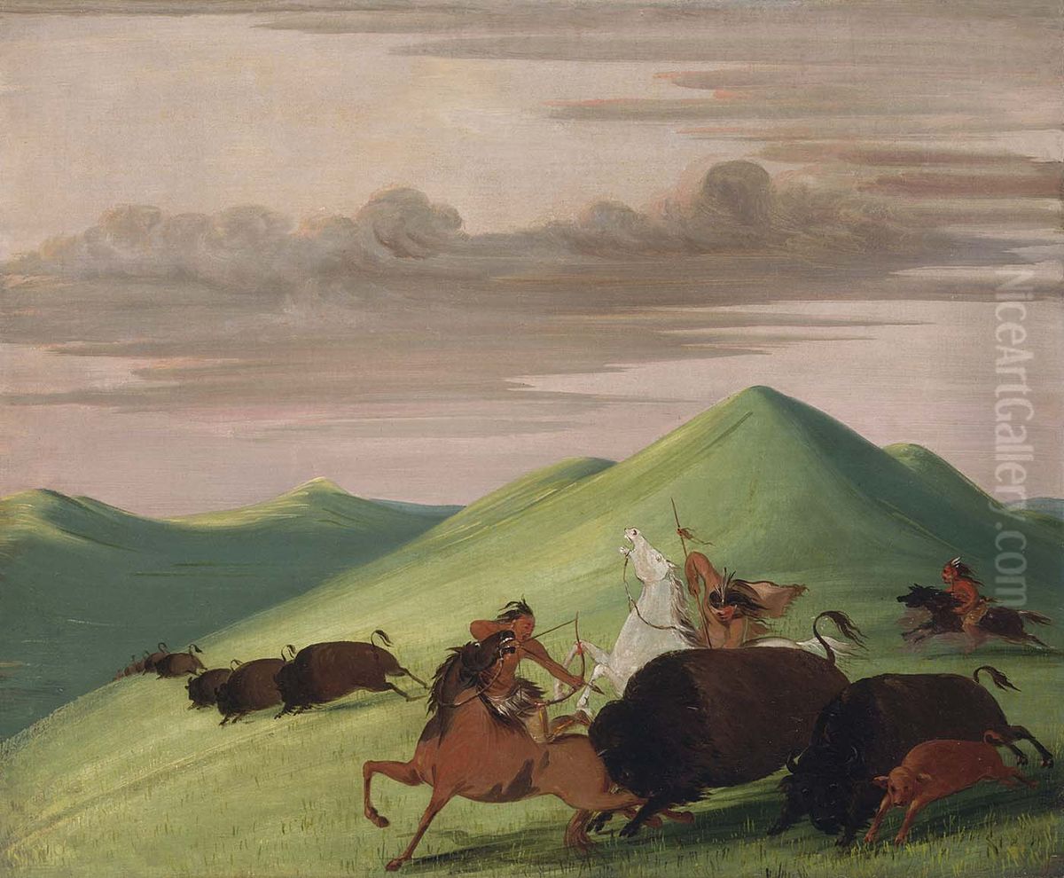 Buffalo Chase, Bull Protecting a Cow and Calf Oil Painting by George Catlin