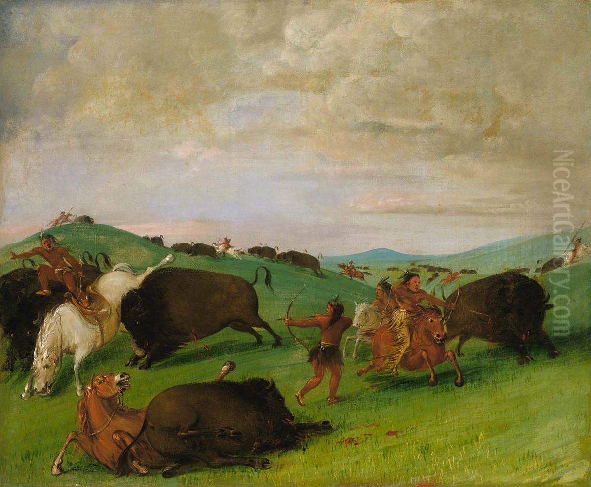 Buffalo Chase, Bulls Making Battle with Men and Horses Oil Painting by George Catlin