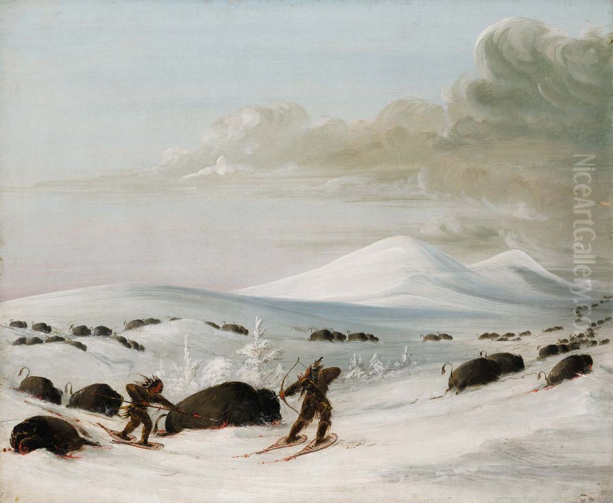 Buffalo Chase in Snowdrifts, Indians Pursuing on Snowshoes Oil Painting by George Catlin
