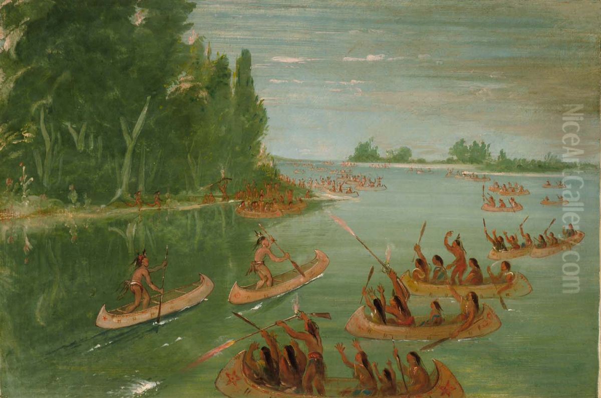 Canoe Race Near Sault Ste. Marie Oil Painting by George Catlin