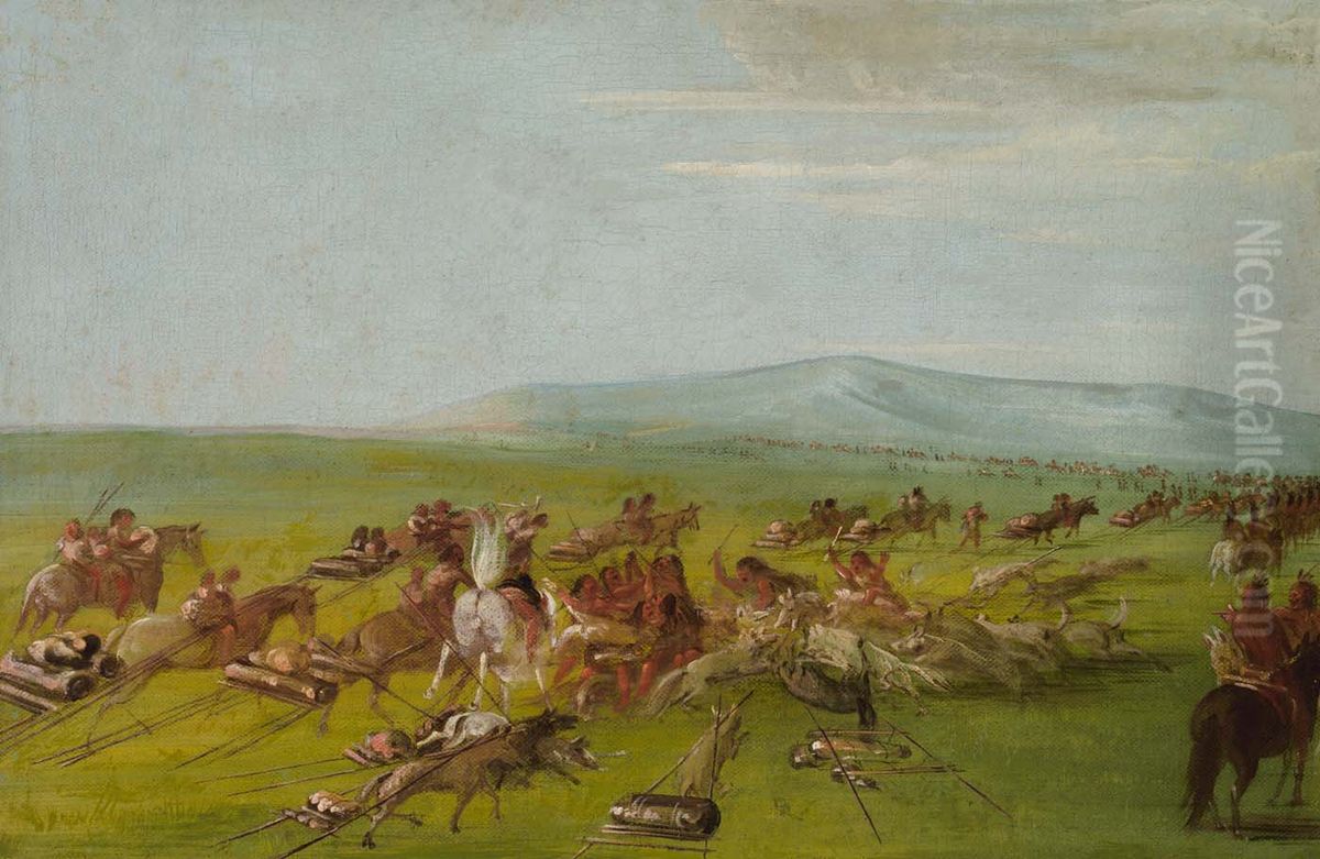 Comanche Moving Camp, Dog Fight Enroute Oil Painting by George Catlin