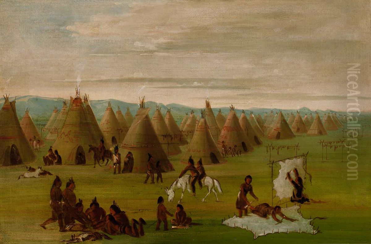 Comanche Village, Women Dressing Robes and Drying Meat Oil Painting by George Catlin