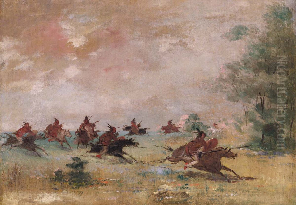 Comanche War Party, Mounted on Wild Horses Oil Painting by George Catlin