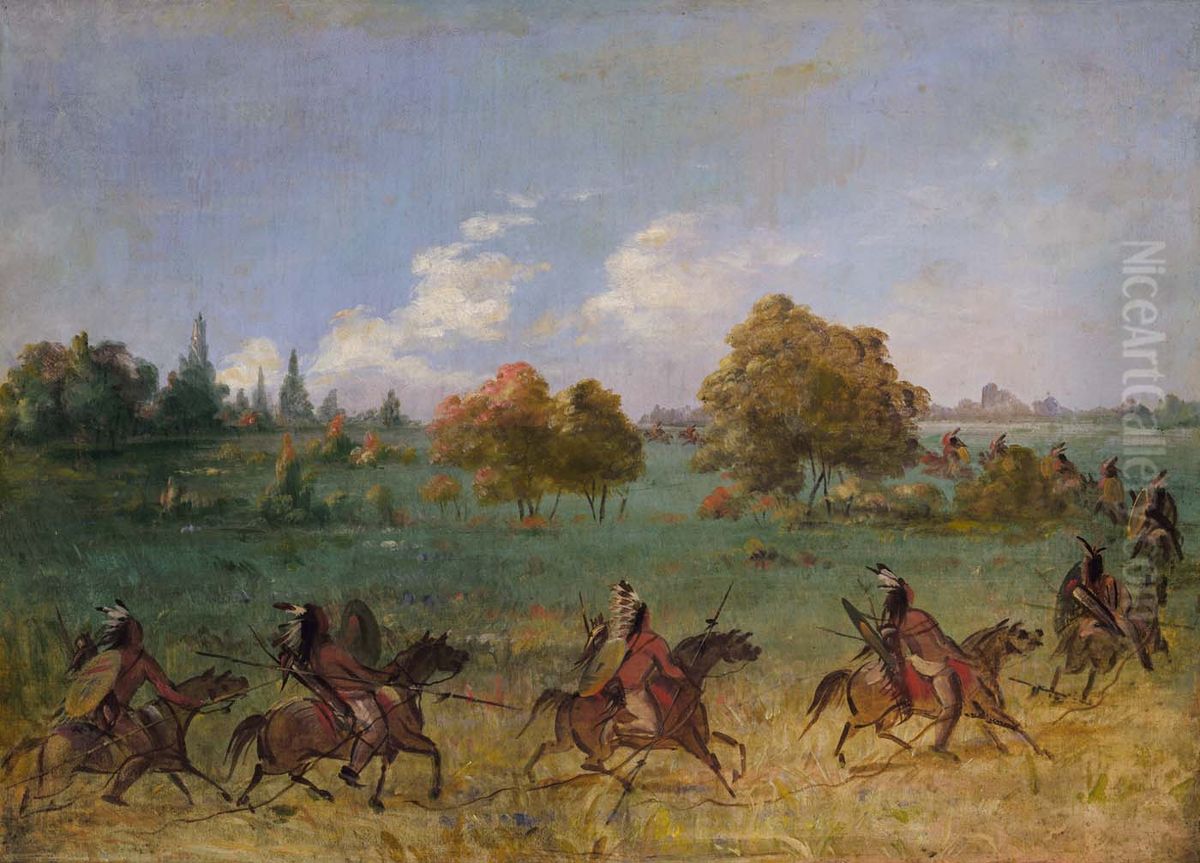 Comanche War Party on the March, Fully Equipped Oil Painting by George Catlin