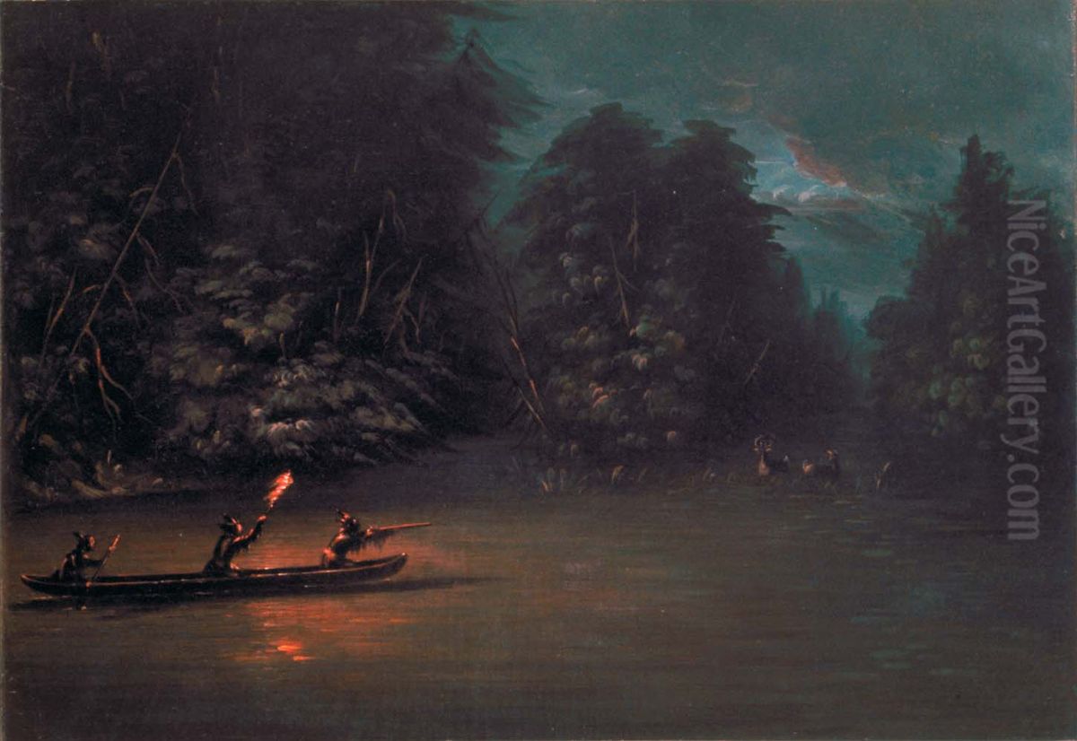 Deer Hunting by Torchlight in Bark Canoes Oil Painting by George Catlin