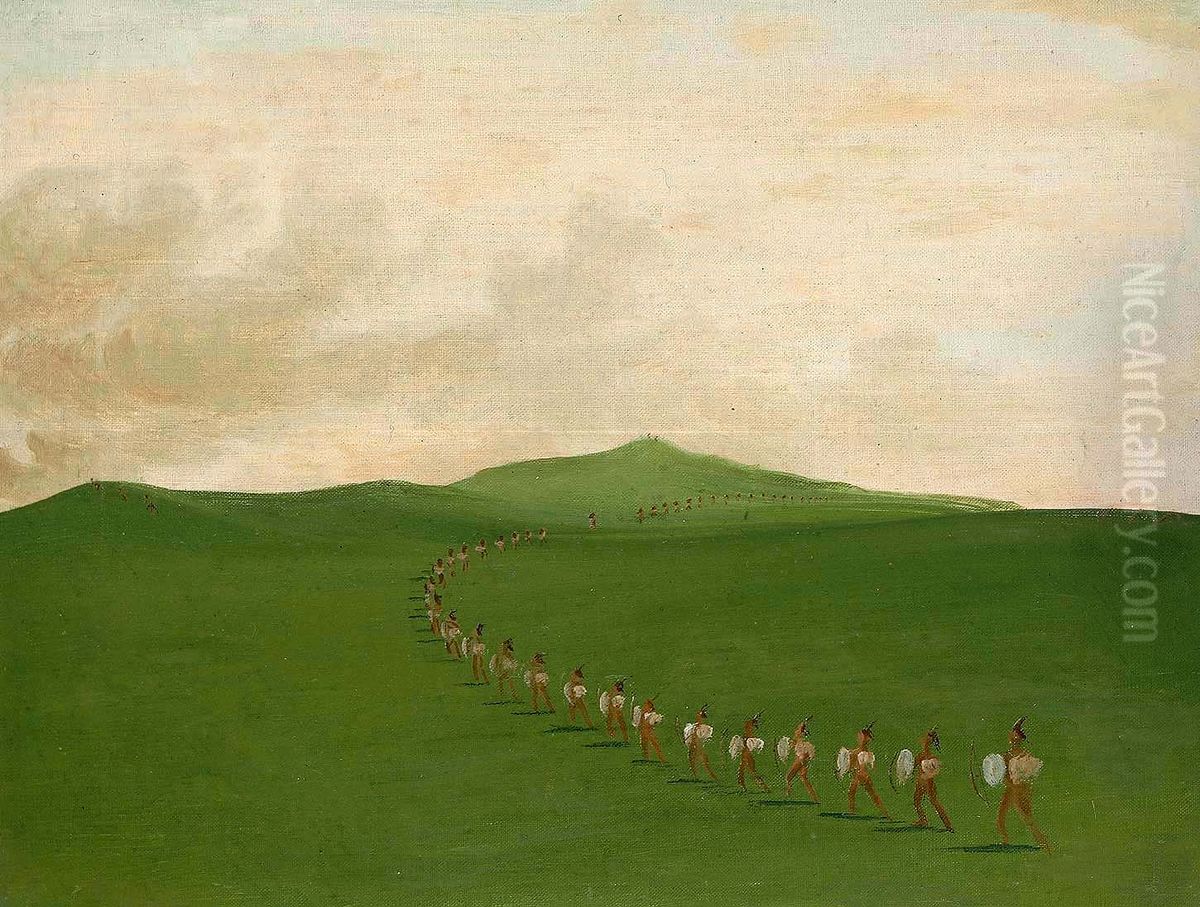 Foot War Party on the March, Upper Missouri Oil Painting by George Catlin