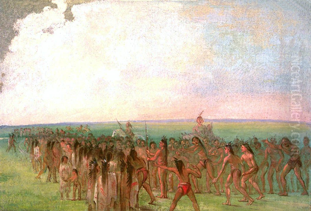 Footrace behind the Mandan Village Oil Painting by George Catlin