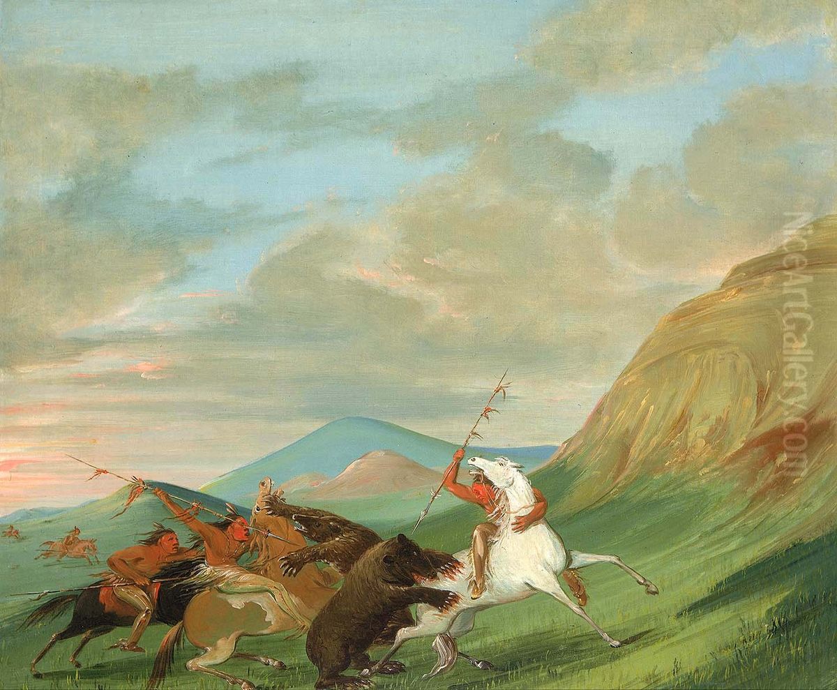 Grizzly Bears Attacking Indians on Horseback Oil Painting by George Catlin