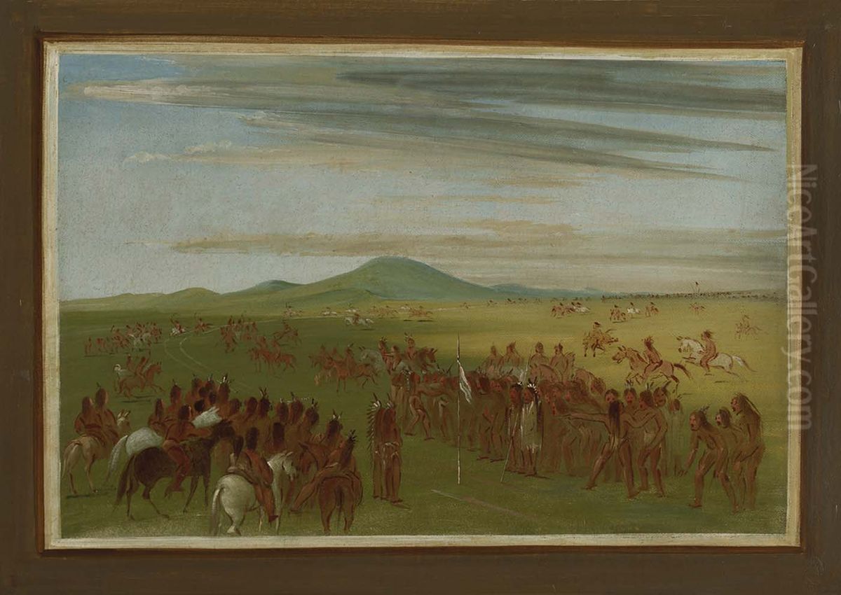 Horseracing on a Course Behind the Mandan Village Oil Painting by George Catlin