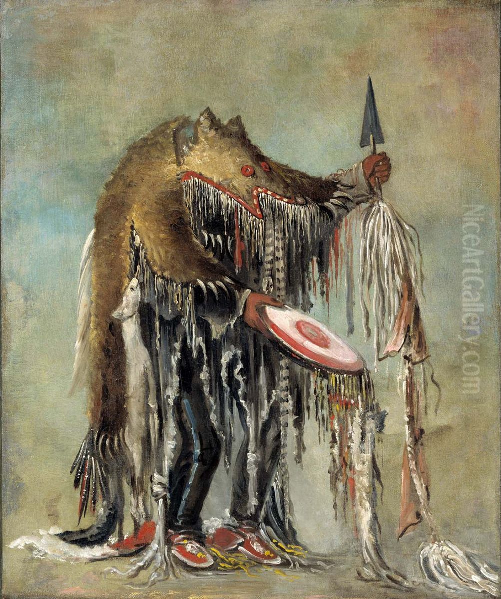 Medicine Man, Performing His Mysteries over a Dying Man (Blackfoot/Siksika) Oil Painting by George Catlin
