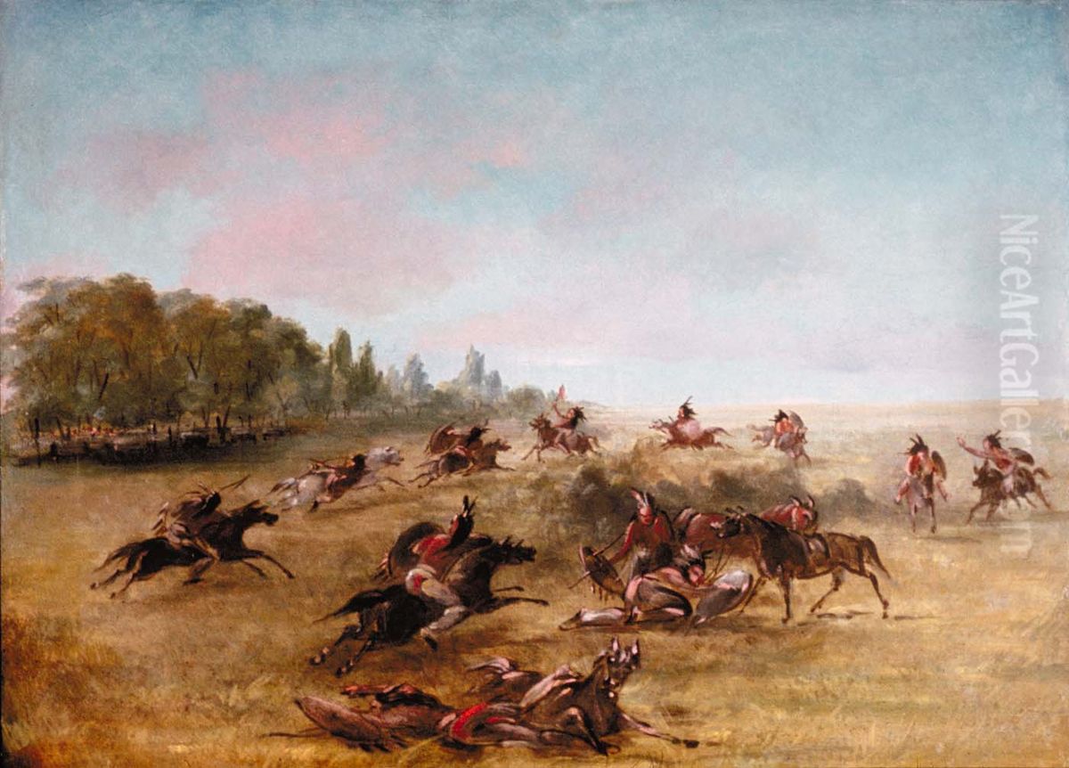 Mounted War Party Scouring a Thicket Oil Painting by George Catlin