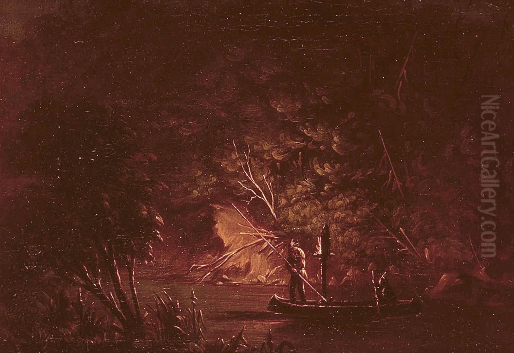 Ojibwe Spearing Salmon by Torchlight Oil Painting by George Catlin