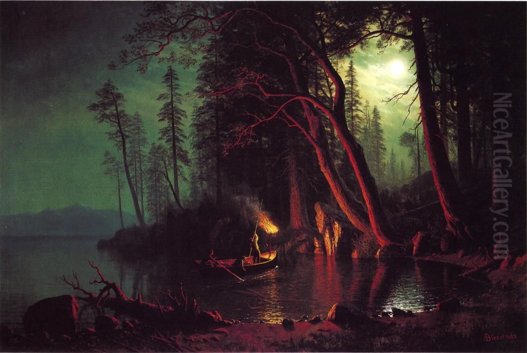 Lake Tahoe, Spearing Fish by Torchlight Oil Painting by Albert Bierstadt