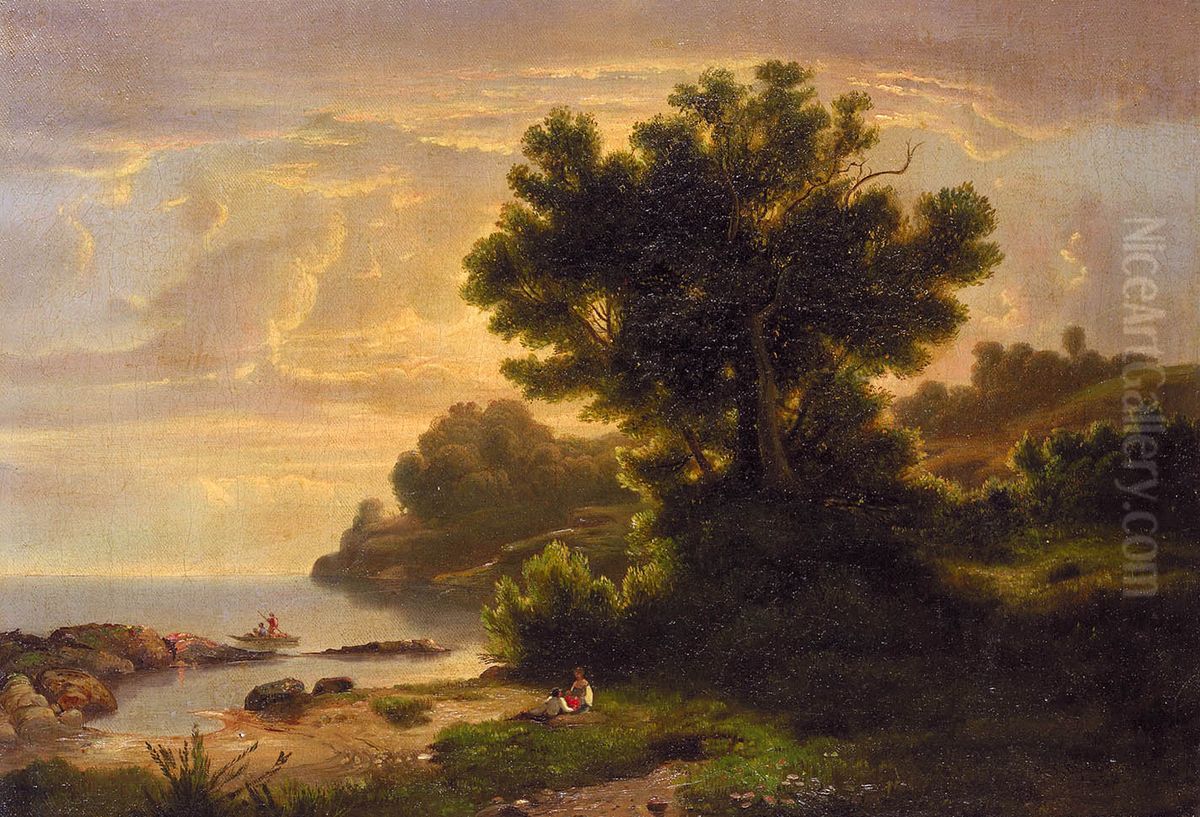Landscape with Family by Lake Oil Painting by Robert Seldon Duncanson