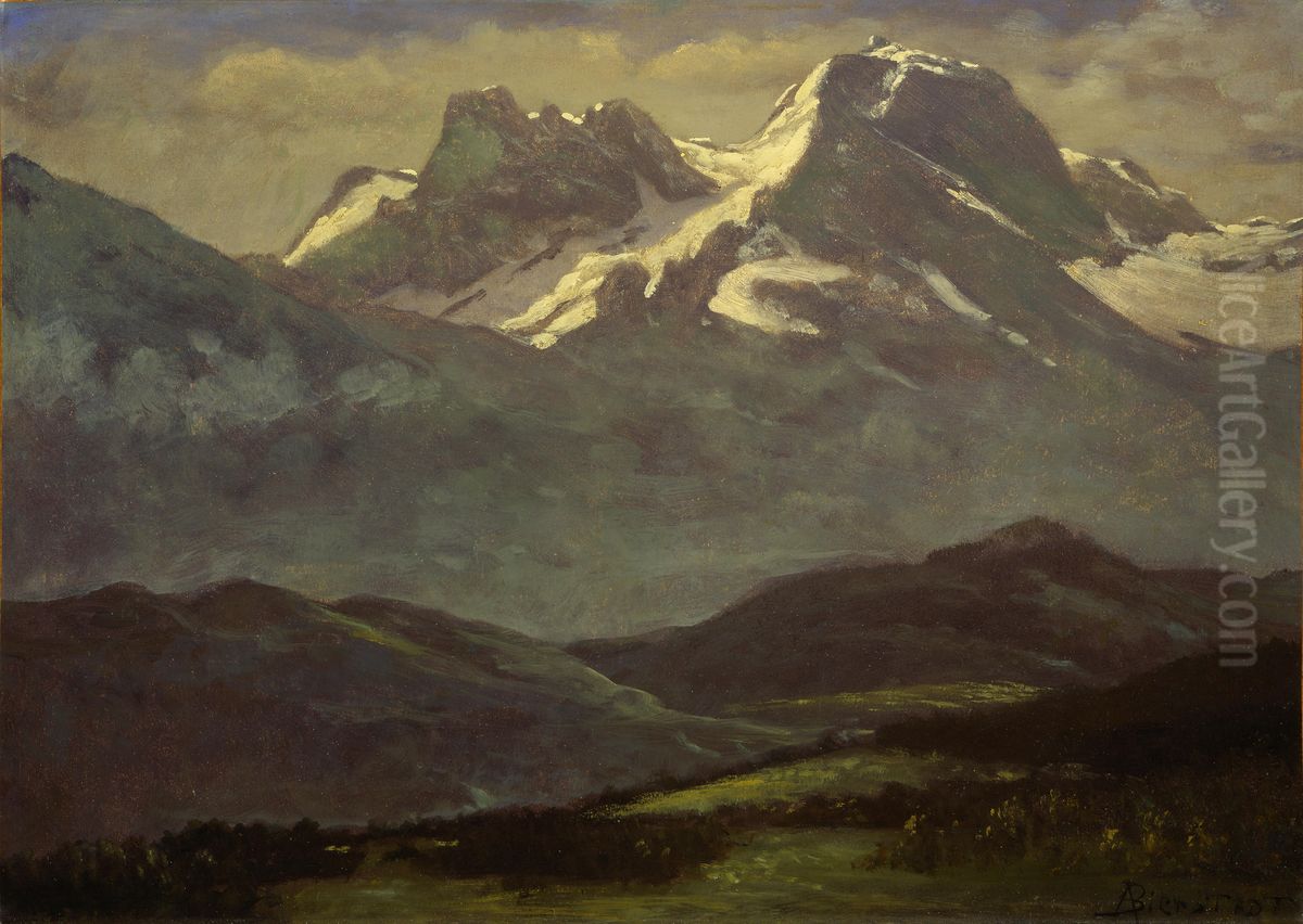 Summer Snow on the Peaks or Snow Capped Mountains Oil Painting by Albert Bierstadt