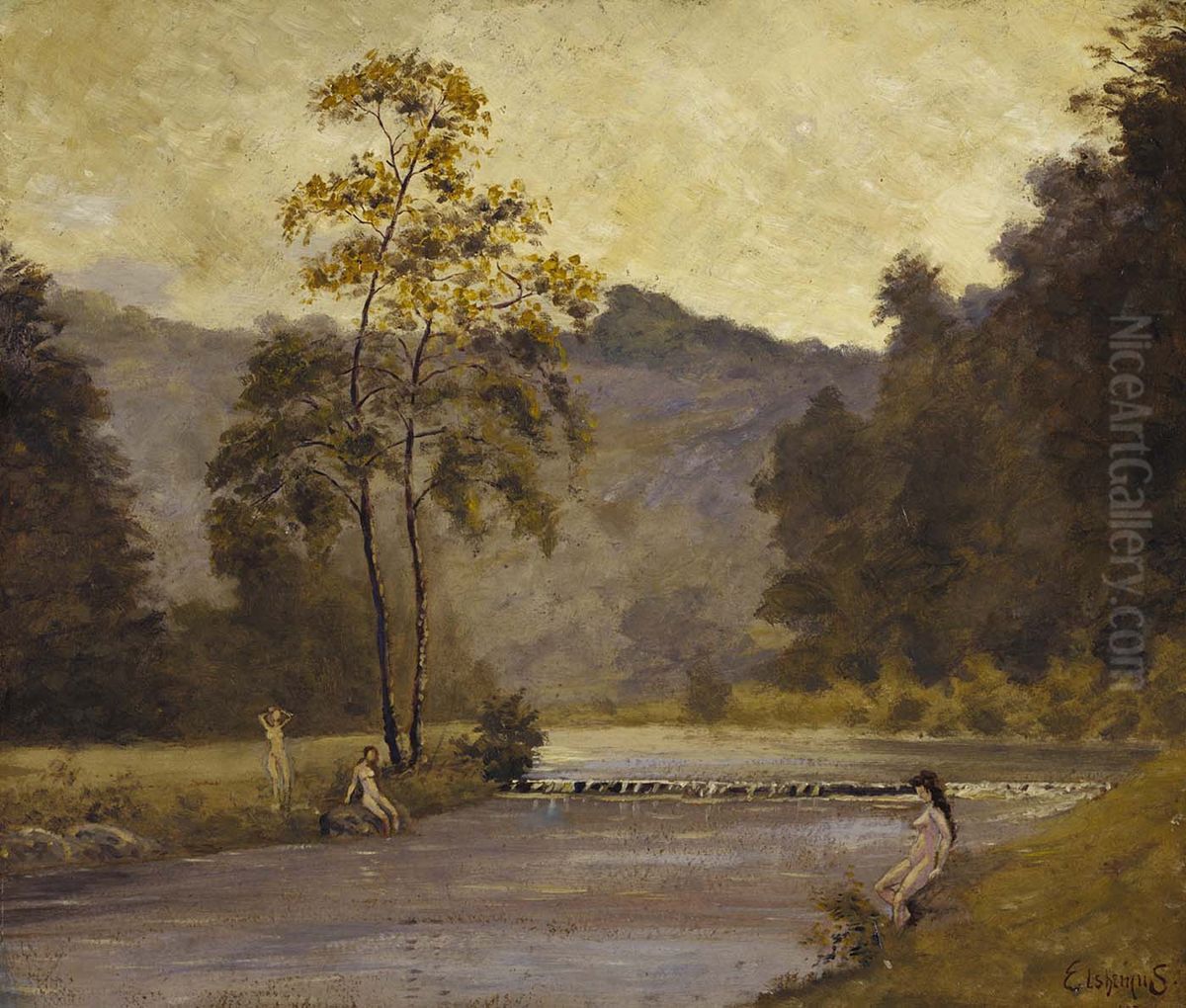 Three Girls and River Oil Painting by Louis Eilshemius