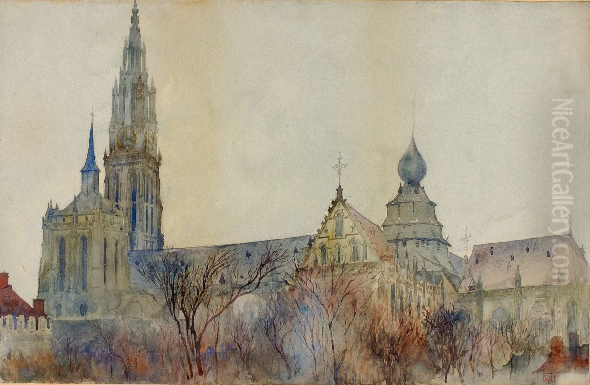 Antwerp Cathedral Oil Painting by Cass Gilbert