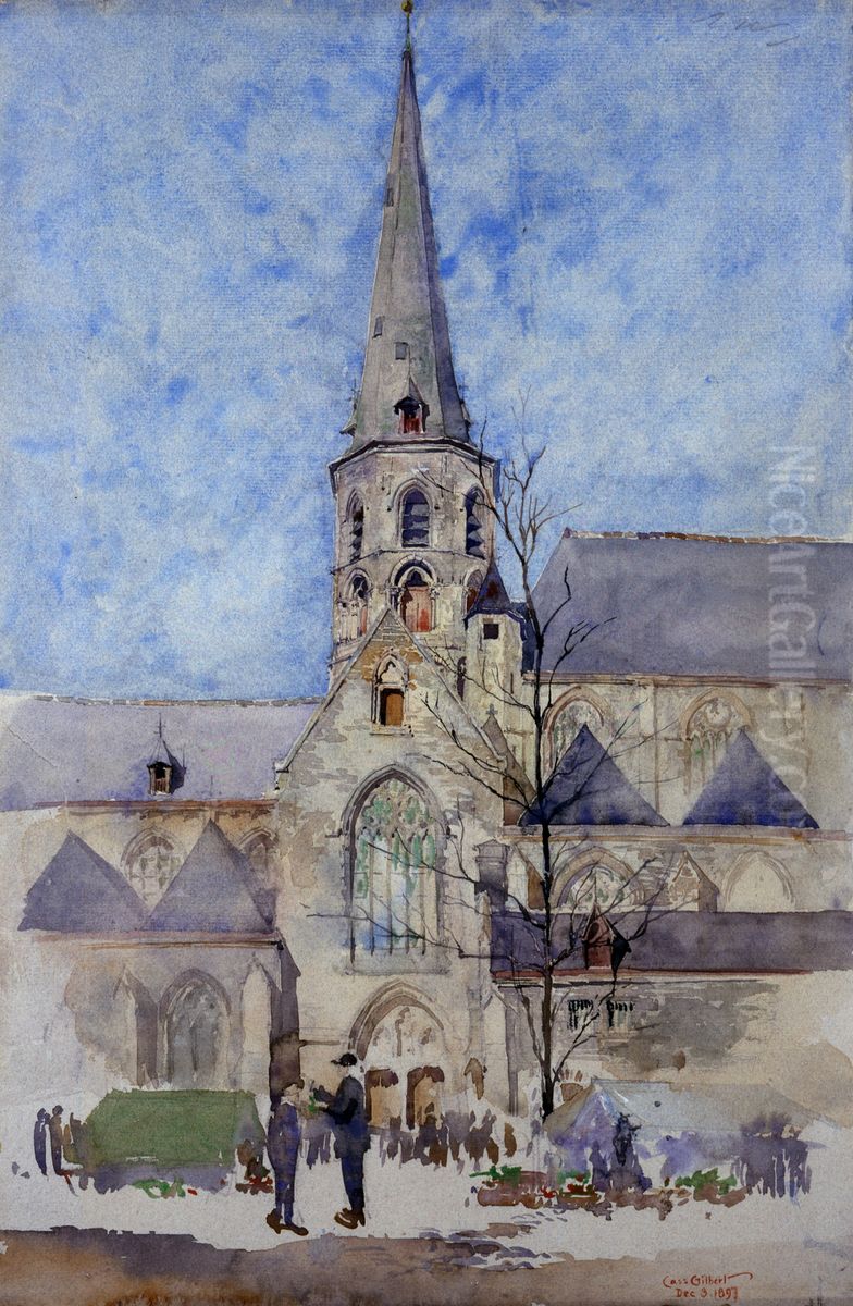 A Market Day (Church of St. Jacques, Ghent, Belgium) Oil Painting by Cass Gilbert