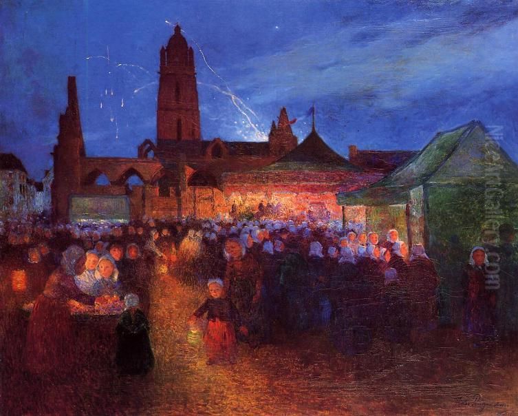 July 14th Firevorks at Bourg-de-Batz Oil Painting by Ferdinand du Puigaudeau