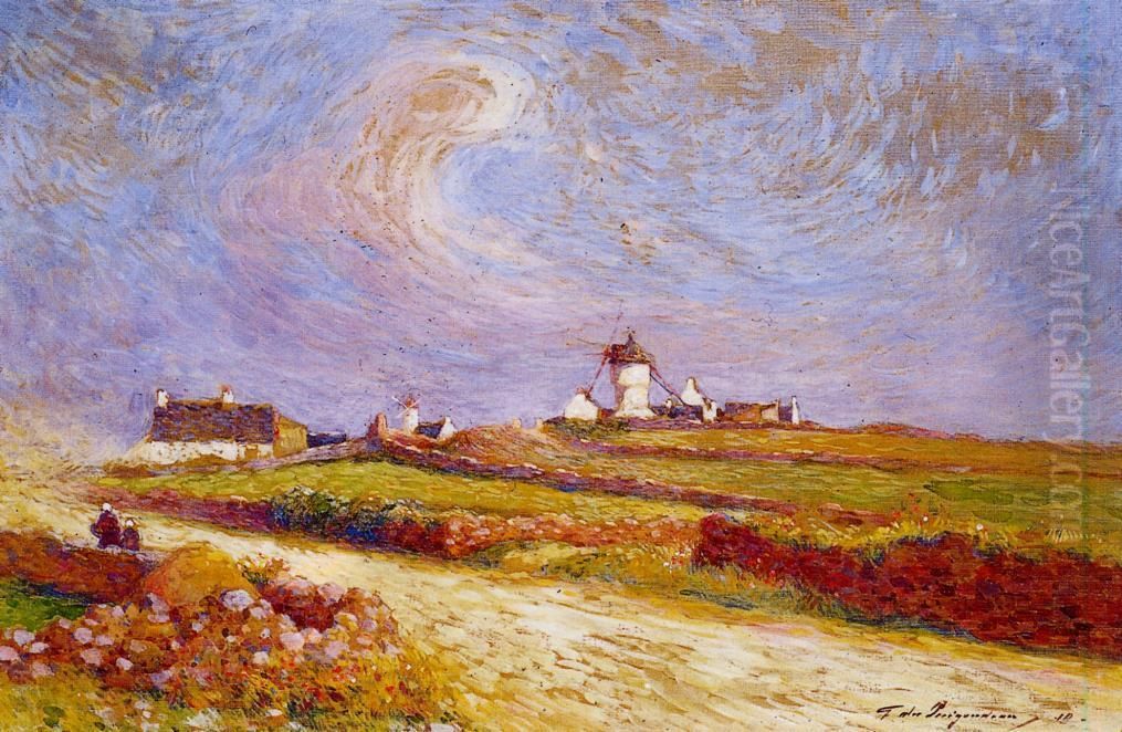Countryside with Windmill, near Batz Oil Painting by Ferdinand du Puigaudeau