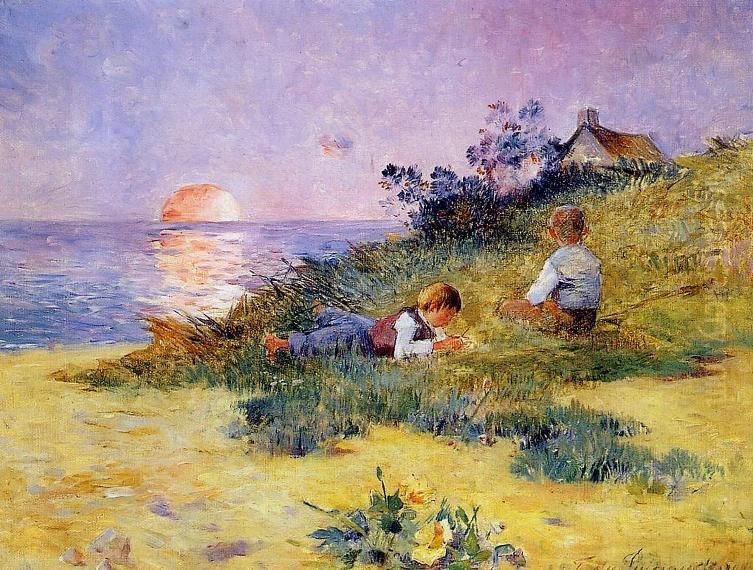 Children on a Dune Oil Painting by Ferdinand du Puigaudeau